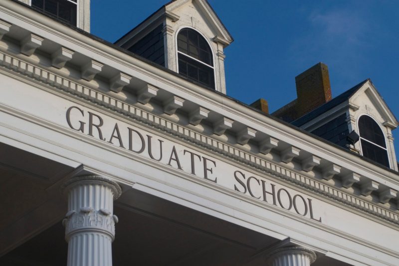 a detail of the portico over the Graduate Life Center's Alumni Hall entrance