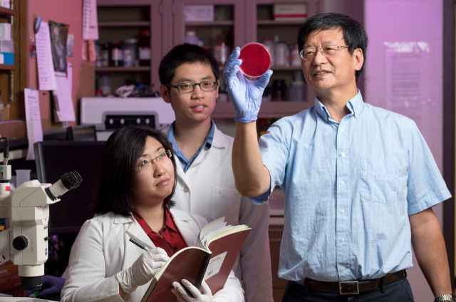 Grad students with a professor in the lab