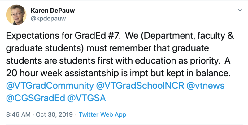 Expectations for Graduate Education post 7: We (Department, faculty and graduate students) must remember that graduate students first, with education as a priority. A 20-hour per week assistant ship is important, but kept in balance.