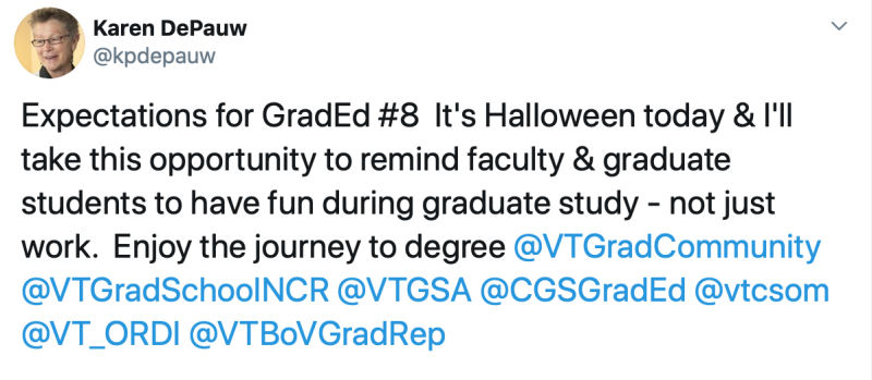 Expectations for Graduate Education post 8: It's Halloween today and I will take this opportunity to remind faculty and students to have fun during graduate study, not just work. Enjoy the journey to the degree.