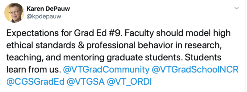 A screen shot of Expectation for Graduate Education 9: Faculty should model high ethical standards and professional behavior in research, teaching, and mentoring graduate students. Students learn from us