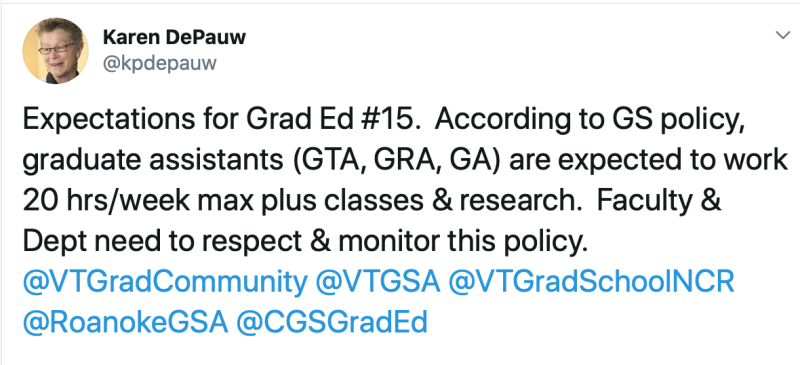 Expectations for Graduate Education post 15: According to Graduate School policy, graduate assistants (GTA, GRA, GA) are expected to work 20 hours/week maximum, plus classes and research. Faculty and departments need to respect and monitor this policy.